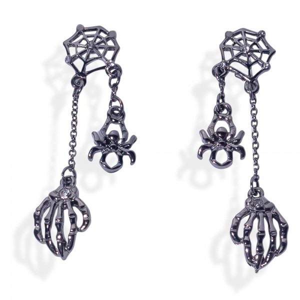 Chain Link Skeleton Hand & Spider Post Drop Earrings Featuring Spider Web Post

- Approximately 1.75" L 