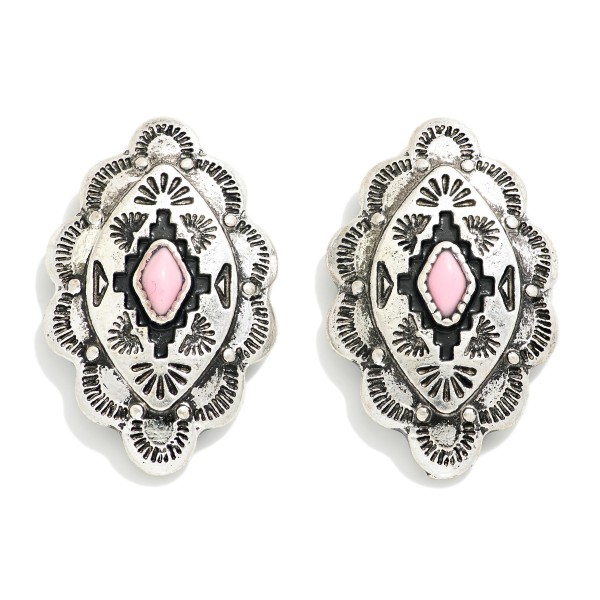 Wholesale silver Scalloped Edge Western Post Drop Earrings Natural Stone L
