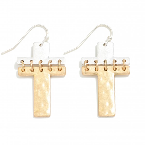 Wholesale linked Hammered Brushed Metal Cross Drop Earrings L