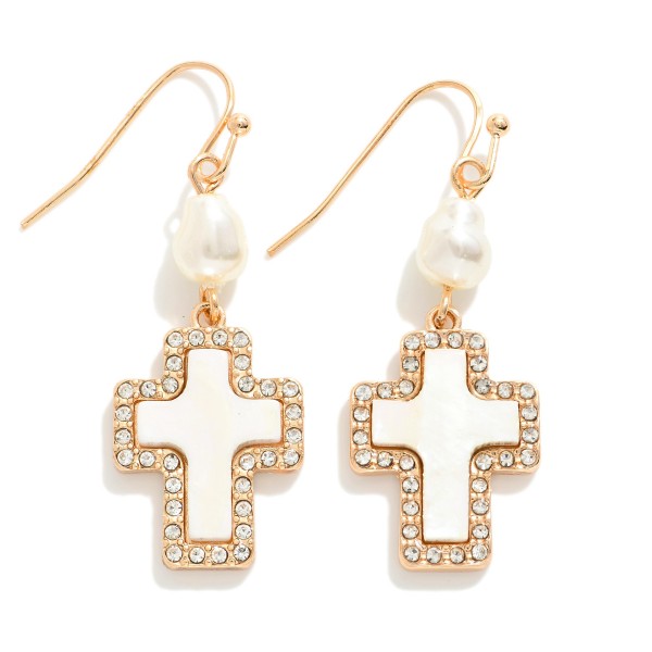 Wholesale pearlescent Cross Drop Earrings Linked Pearl Rhinestone Details L
