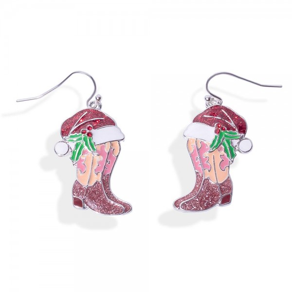 Wholesale painted Metal Glitter Christmas Cowgirl Boot Drop Earrings L