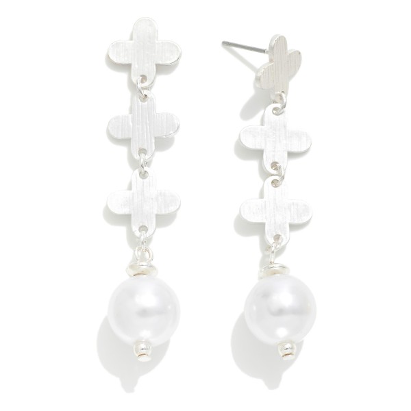 Wholesale linked Textured Metal Criss Cross Drop Earrings Pearl Dangle L