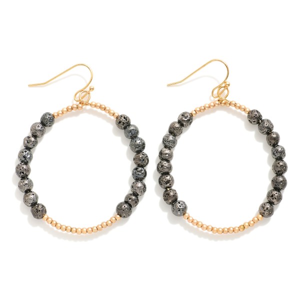 Wholesale beaded Hoop Drop Earrings Metallic Lava Rock Beads Metal Tones L