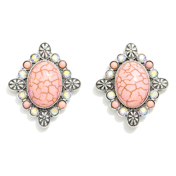 Wholesale concho Bordered Rhinestone Natural Stone Post Earrings