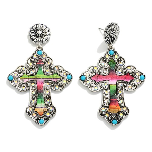 Wholesale metal Western Cross Drop Earrings Turquoise Rhinestones L