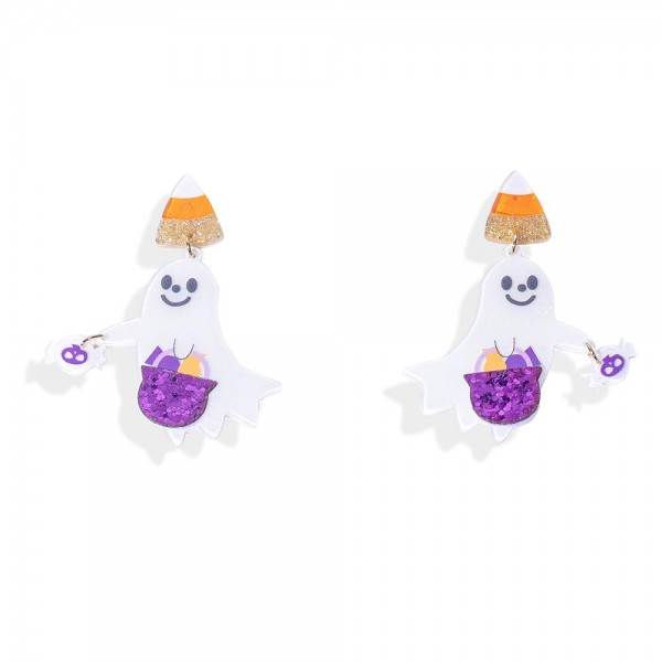 Wholesale acetate Trick Treating Ghost Post Drop Earrings Glitter Candy Corn Pos