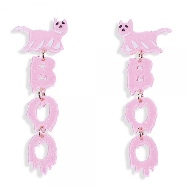 Linked Glitter Acetate "BOO" Drop Earrings With Ghost Cat Posts

- Approximately 3" L