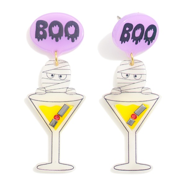 Glow In The Dark Mummy Cocktail Drop Earrings Featuring 'BOO' Post 

- Approximately 2.5" L