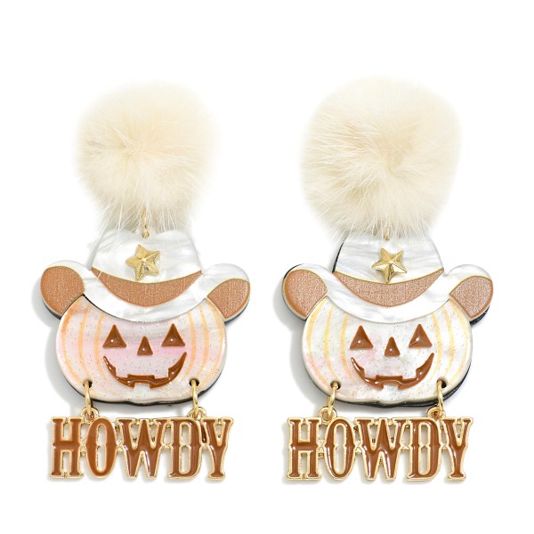 Wholesale acetate Cowboy Jack o Lantern HOWDY Drop Earrings Faux Fur Pom Posts L