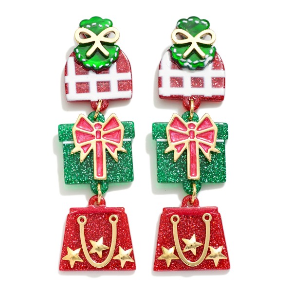 Wholesale linked Glitter Acetate Christmas Present Post Drop Earrings L