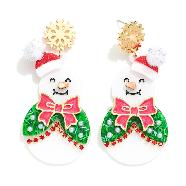 Wholesale glitter Acetate Fancy Snowman Post Drop Earrings Metal Snowflake Post