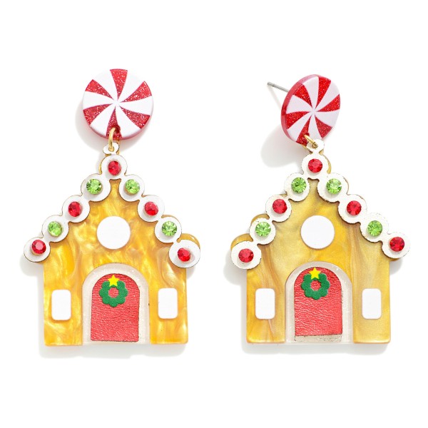 Wholesale acetate Gingerbread House Drop Earrings Rhinestone Details Peppermint