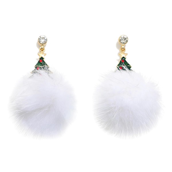 Wholesale rhinestone Studded Christmas Tree Drop Earrings Linked Faux Fur Pom L