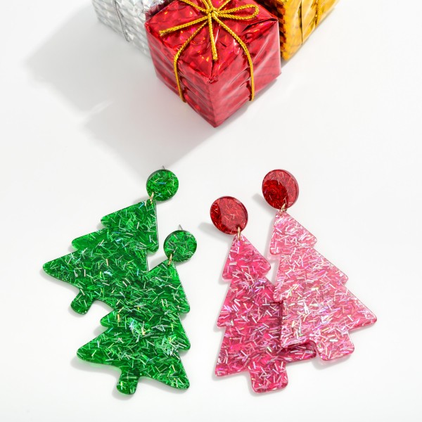 Acetate Christmas Tree Drop Earrings With Metallic Flakes
- Approximately 3.25" L