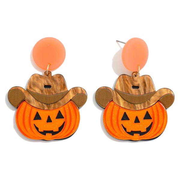 Glitter Acetate Cowboy Jack-o'-Lantern Drop Earrings

- Approximately 2" L