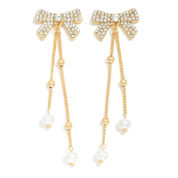 Wholesale rhinestone Studded Bow Post Drop Earrings Chain Link Dangle Pearl Deta
