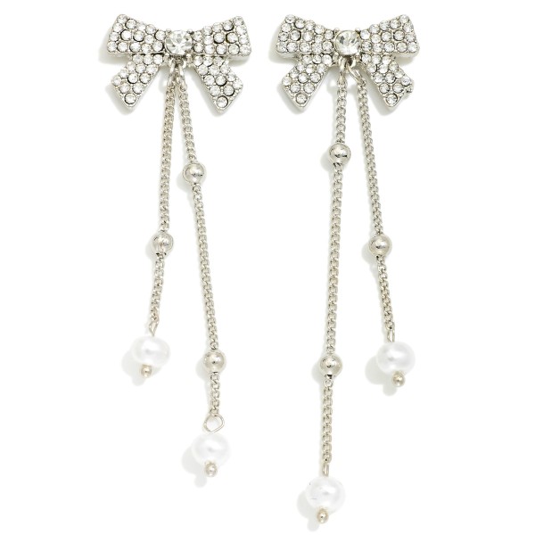 Wholesale rhinestone Studded Bow Post Drop Earrings Chain Link Dangle Pearl Deta