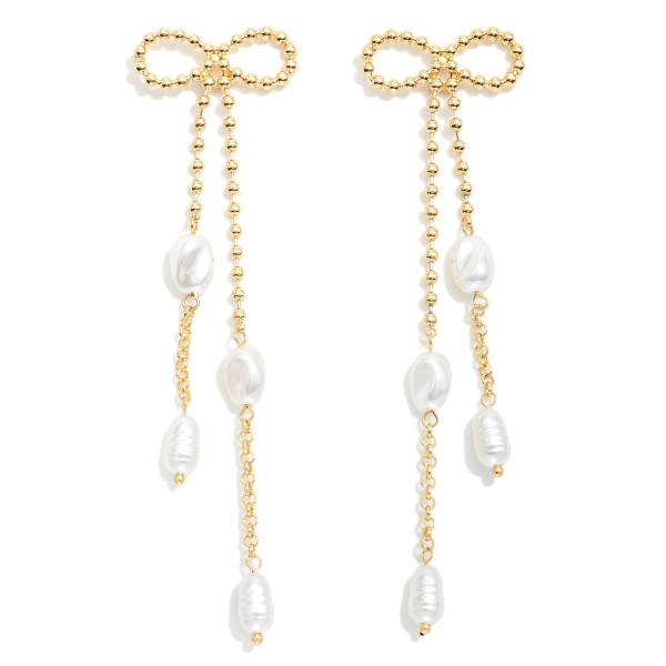 Wholesale ball Chain Bow Post Drop Earrings Linked Pearl Details L