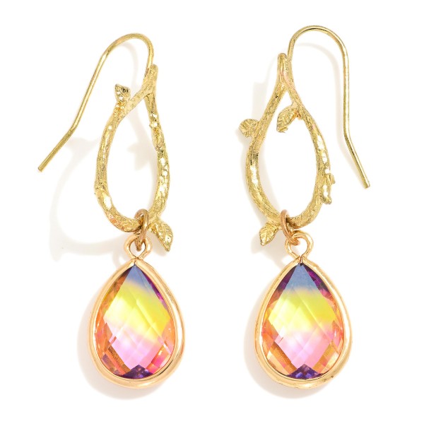 Wholesale linked Teardrop Drop Earrings Metal Leaf Details Glass Crystal L