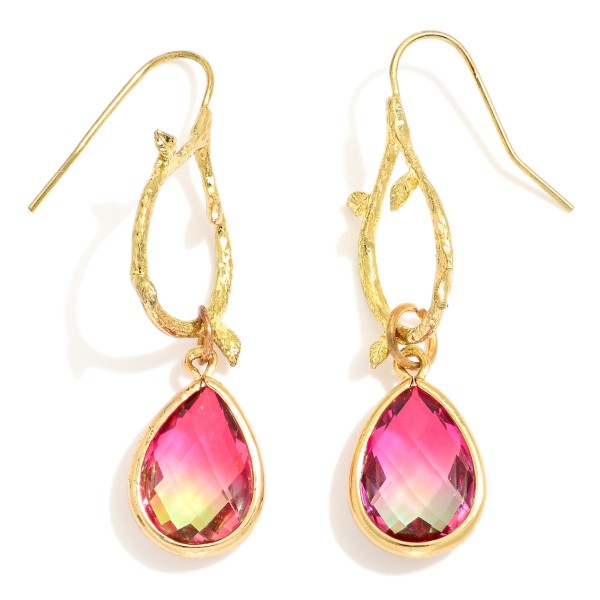 Wholesale linked Teardrop Drop Earrings Metal Leaf Details Glass Crystal L