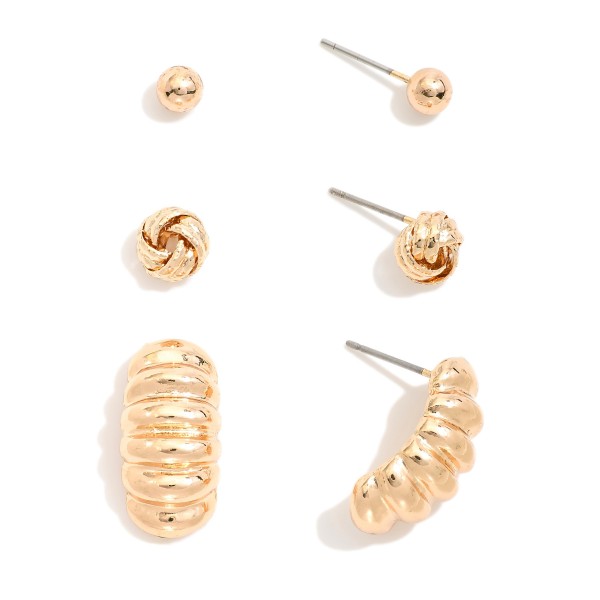 Set Of Three Metal Tone Earrings Featuring Knotted & Ridged Details 

- Approximately .25-.75" L