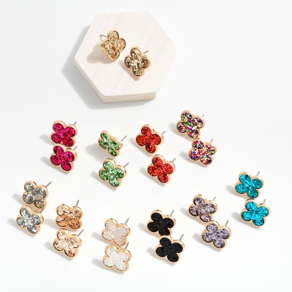 Glitter Clover Drop Earrings With Textured Metal Tone Border
- Approximately .75" L