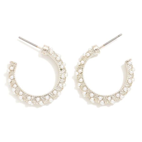 Wholesale textured Metal Hoop Earrings Pearl Details D