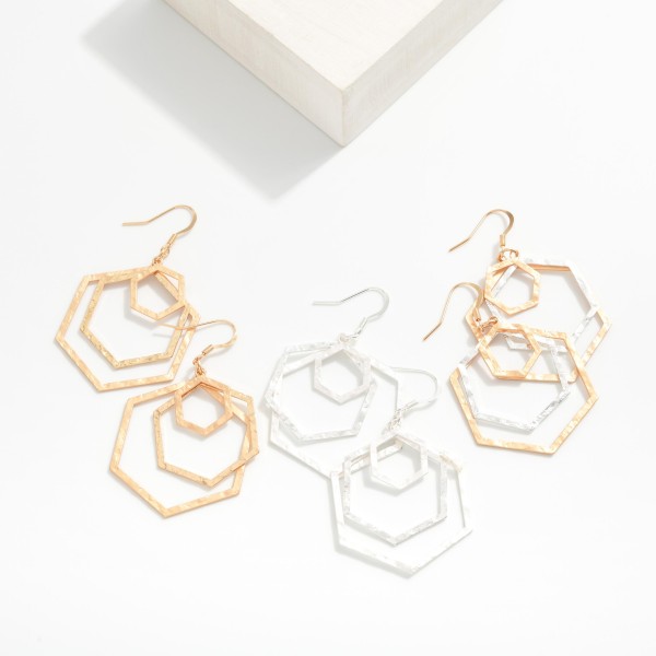 Layered Hammered Metal Hexagons Drop Earrings
- Approximately 2.25" L