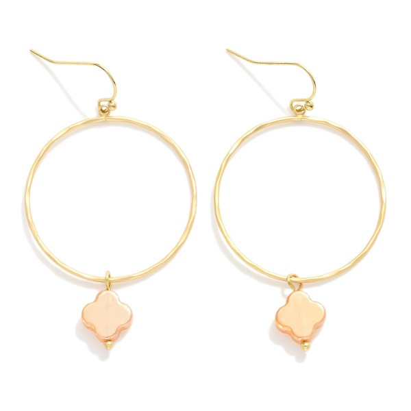 Wholesale hammered Metal Hoop Drop Earrings Translucent Clover Detail L