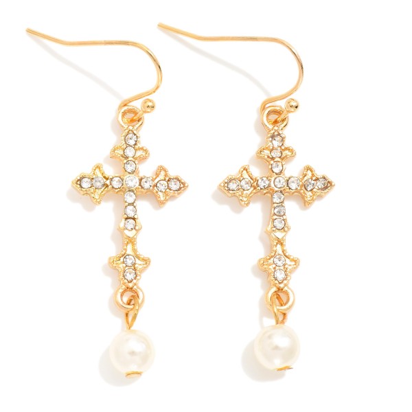 Wholesale metal Cross Drop Earrings Rhinestones Pearl Dangle Detail L