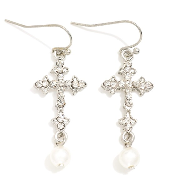 Wholesale metal Cross Drop Earrings Rhinestones Pearl Dangle Detail L