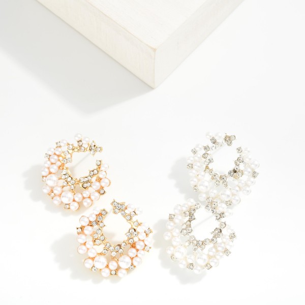 Pearl & Rhinestone Crescent Drop Earrings
- Approximately 1" L