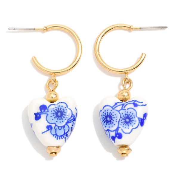 Wholesale gold Hoop Earring Porcelain Chinoiserie Flower Beads D