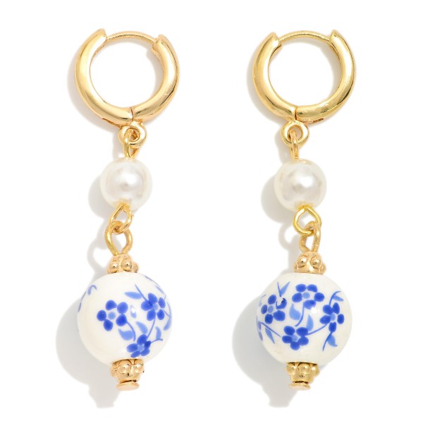 Huggie Hoop Gold Tone Earring Featuring Chinoiserie Flower Bead Charm 