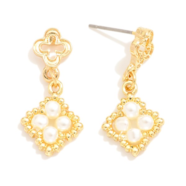 Wholesale metal Linked Clover Post Drop Earrings Pearl Details L