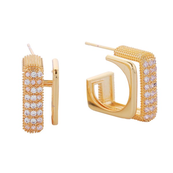 Wholesale gold Dipped Layered Square Hoop Earrings Textured Metal Cubic Zirconia