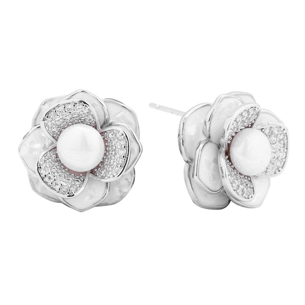 Wholesale gold Dipped Flower Stud Earrings Cubic Zirconia Pearl Details L Hypoal
