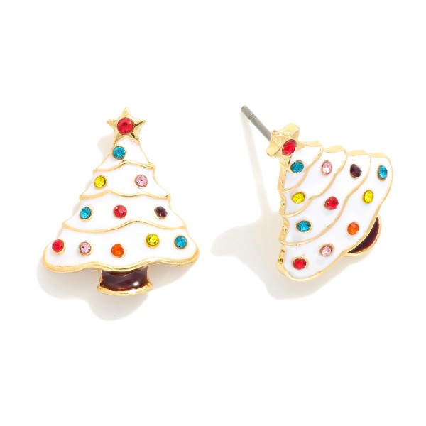 Enamel Christmas Tree Stud Earrings Featuring Rhinestone Accents 
- Approximately .75" L