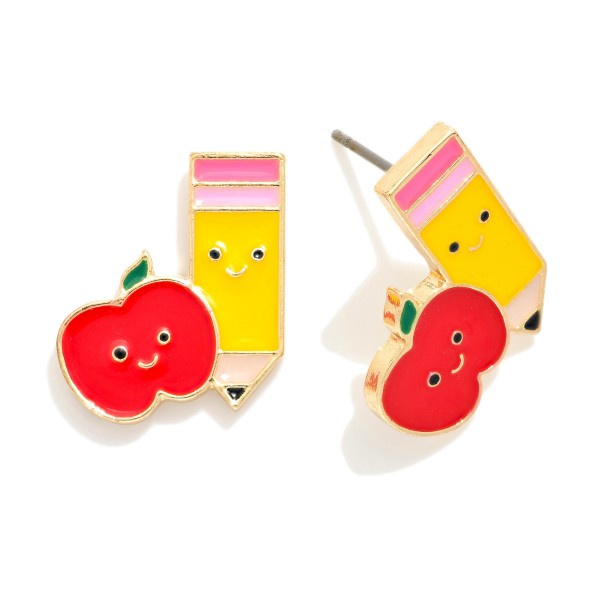 Enamel Pencil & Apple Stud Earrings 

- Approximately .5" L