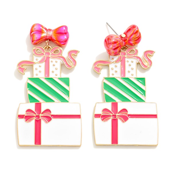 Enamel Christmas Presents Post Drop Earrings Featuring Iridescent Bow Post 
- Approximately 2" L