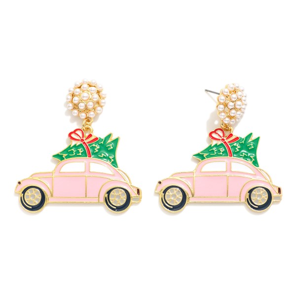 Enamel Christmas Car Post Drop Earrings Featuring Pave Pearl Post 
- Approximately 2" L