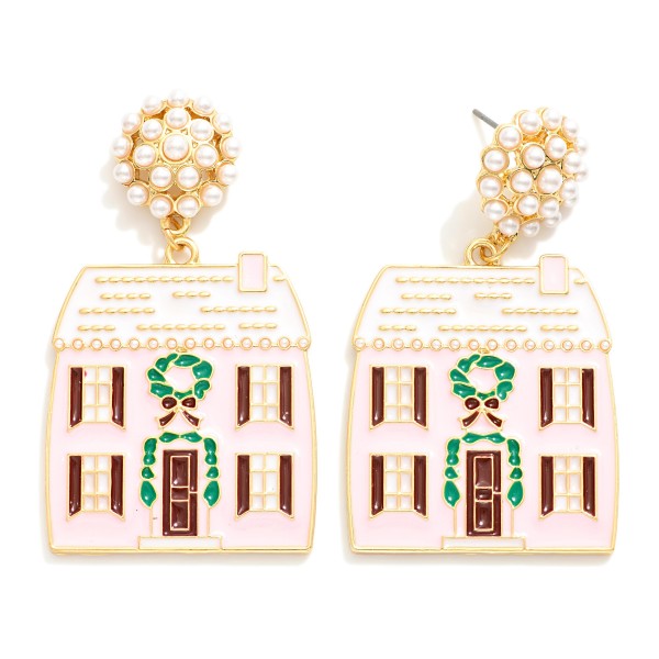Wholesale enamel Christmas House Post Drop Earrings Pave Pearl Post L