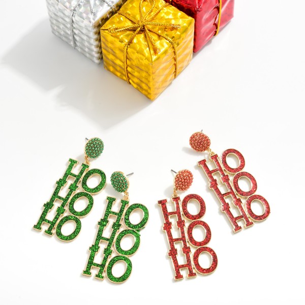 "HO HO HO" Glitter Post Drop Earrings Featuring Pave Bead Post

- Approximately 2.5" L