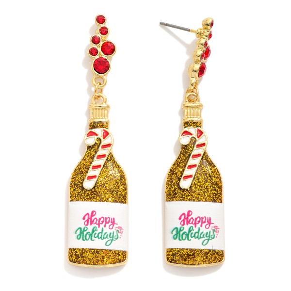 Wholesale glitter Enamel Happy Holidays Champagne Bottle Post Stud Earrings L