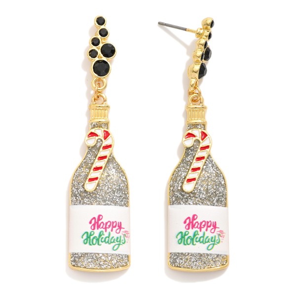 Wholesale glitter Enamel Happy Holidays Champagne Bottle Post Stud Earrings L