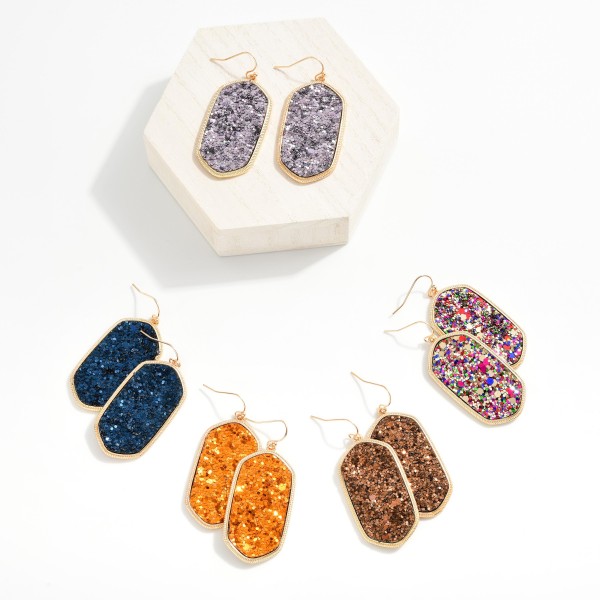 Rounded Glitter Hexagon Drop Earrings
- Approximately 2" L