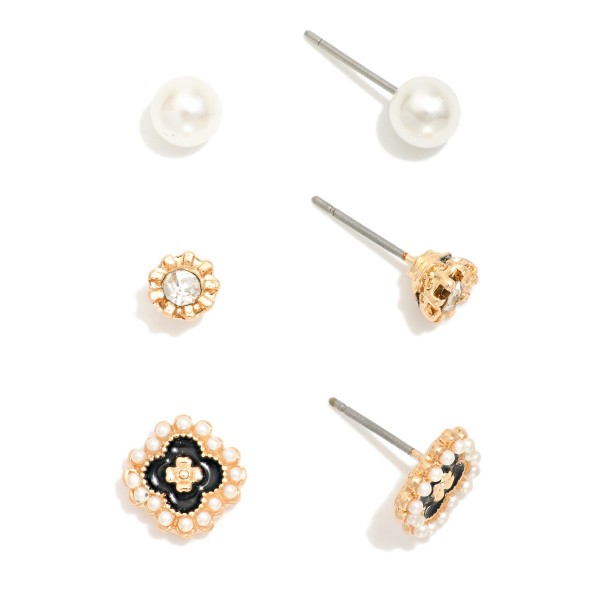 Wholesale set Three Stud Earrings Pearls Rhinestones L