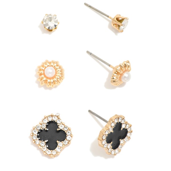 Wholesale set Three Stud Earrings Pearls Rhinestones L