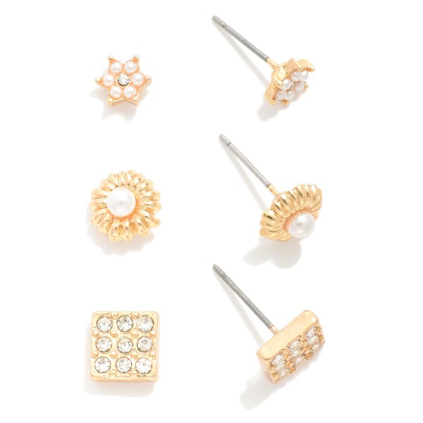 Wholesale set Three Stud Earrings Pearl Rhinestone Accents L