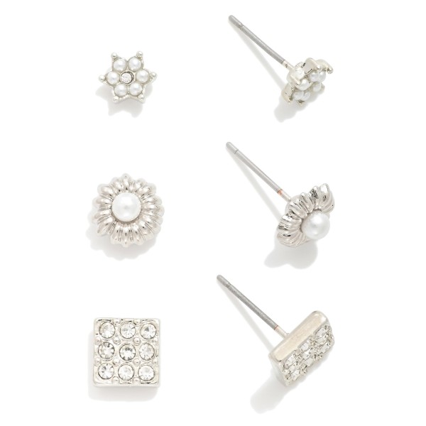 Wholesale set Three Stud Earrings Pearl Rhinestone Accents L